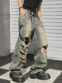 Manfinity EMRG Men's Pocket Distressed Wide Leg Loose Casual Fashionable Jeans - Light Wash - View 6