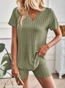 SHEIN LUNE 2pcs Women Solid Color V-Neck Short Sleeve Ribbed Casual Top And Shorts Set