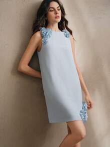 Anewsta 优雅花卉装饰 A 字型迷你连衣裙，适合派对、夏季休闲节日 - 淺藍色 - 查看 5