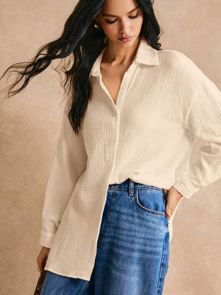 Poéselle Camisa larga de hombros caídos de color liso, tops de verano para vacaciones - Albaricoque - Añade 2