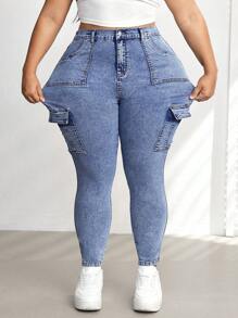 SHEIN CURVE+ Quần Jeans Skinny Lưng Cao Co Giãn Cỡ Lớn Có Túi Hộp, Mùa Hè - Màu xanh lam - Xem 5