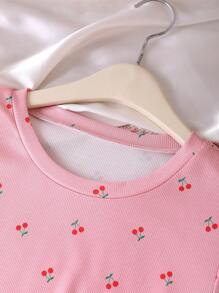 青少年女孩圆领短袖全身印花休闲睡衣套装 - 粉色 - 查看 4