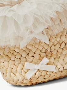 ROMWE Kawaii Chiffon Adorable Bow Straw Handbag - Beige - View 5