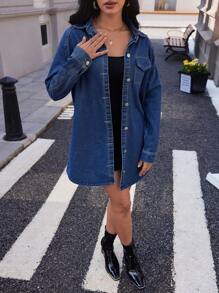 SHEIN Essnce Women's Denim Washed Raglan Long Sleeve Jacket - Medium Wash - View 3