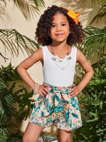 2 件套少女套装：纯色针织吊带背心和编织碎花短裤 - 彩色 - 查看 1