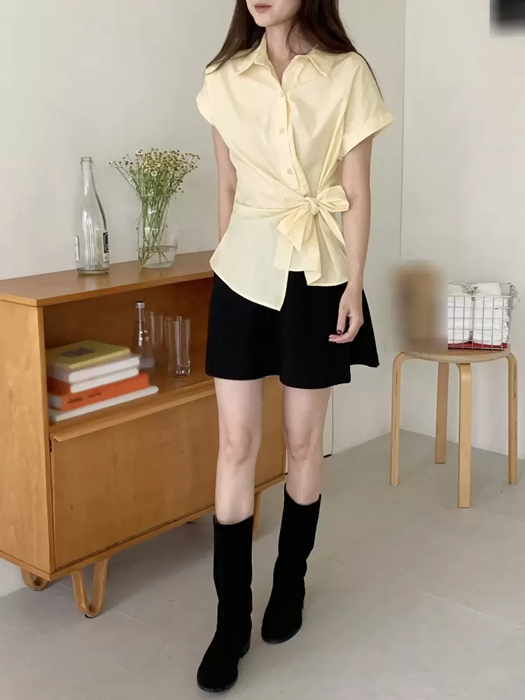 Women's Solid Color Loose Turndown Collar Short Sleeve Blouse, Yellow, Spring/Summer