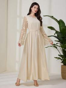 Al Najma 保守优雅亮片绣花袖女士阿拉伯连衣裙，女式超长连衣裙 - 卡其色 - 查看 5