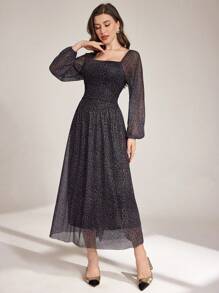 Modelyn Robe moulante à col carré, manches lanternes, doublure imprimé léopard pour femmes - Multicolore - Voir 5