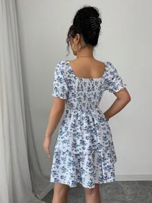 Rafferiza 休闲可爱碎花松紧腰圆领荷叶边下摆短袖女式连衣裙