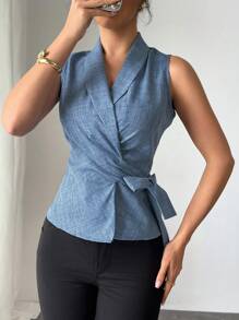 SHEIN LUNE 女士系带前无袖简约披肩领衬衫，休闲度假装 - 藍色 - 查看 3