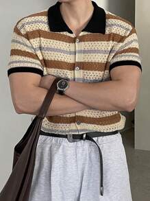 DAZY Men's Solid Color Patchwork Front Button Casual Short Sleeve Top, Daily Wear Summer Business Attire - Multicolor - View 8