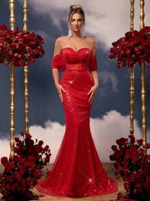 Glamrae 优雅红色奢华 3D 仿亮片露肩蝴蝶结装饰腰部网眼透视鱼尾礼服，带拖尾的婚礼宾客礼服，派对礼服，晚礼服