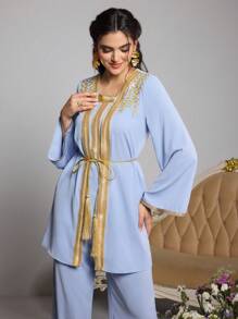 Al Najma Women's Embroidered Top And Pants Arabic Style Outfit,Modest