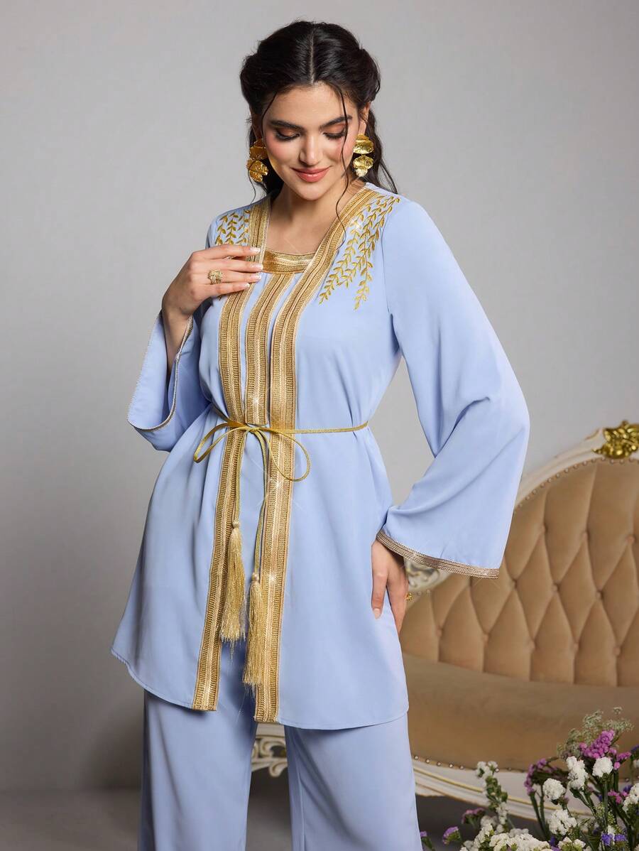 Al Najma Women's Embroidered Top And Pants Arabic Style Outfit,Modest