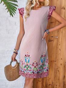 EMERY ROSE Women Casual Striped & Floral Printed Patchwork Short Mini Dress - Red - View 3