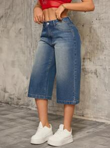 SHEIN SXY Vintage Blue Denim Cropped Wide-Leg Jeans For Women, American Streetwear Style With Cross Crystal Embellishment, Summer New Arrival