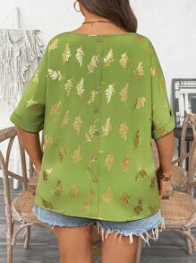 Flirla Damen Große Größen Boho Elegant Urlaub Rundhals Metall Muster Fledermausärmel Loose Sommer Shirt