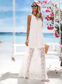 SHEIN VCAY Đầm Maxi Ren Trơn Một Vai Thanh Lịch Cho Nữ - trắng - Xem 1