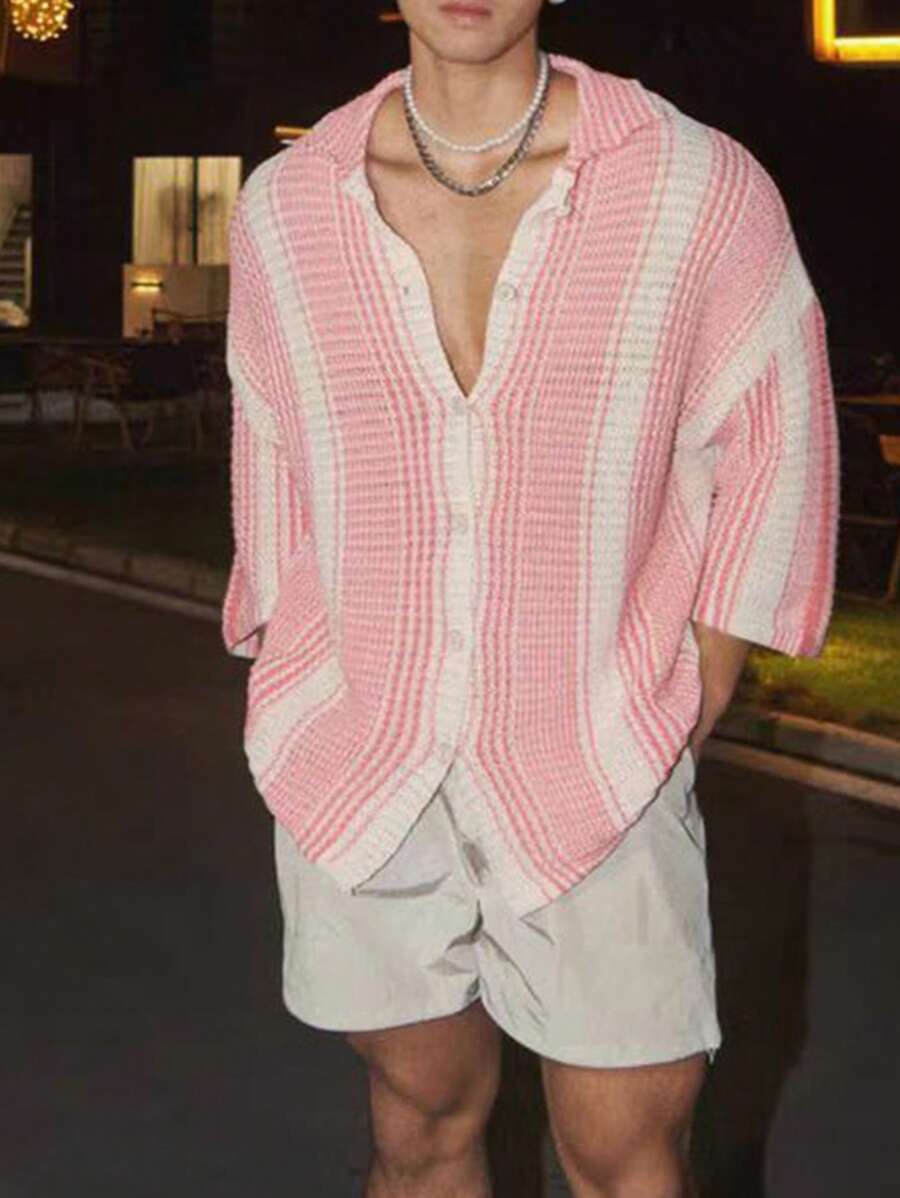 Claim Dot Men's Casual Striped Drop Shoulder Single-Breasted Knitted Sweater, Spring/Autumn - Pink - View 1