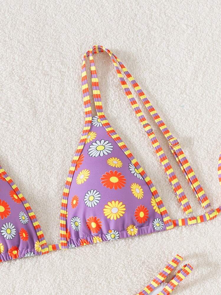 SHEIN Swim Springbreak 新款夏季随机花卉印花可调节肩带三角形清新度假 2 件比基尼套装 - 彩色 - 查看 8