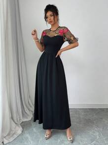 Rafferiza Sexy Embroidered Floral Mesh Patchwork Solid Color Slim Fit Dress, European And American Style - Black - View 8