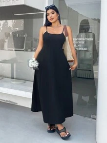 SHEIN EZwear Đầm dài chữ A dây mảnh màu đen cỡ lớn - màu đen - Xem 3