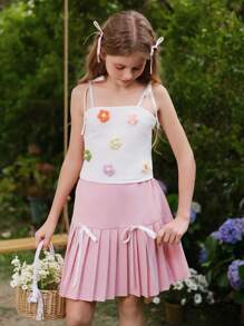 SHEIN Tween Girls Floral Bow Decor Camisole And Cami Tops, Sweet & Cute Style - White - View 3