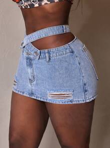 Slaydiva 女式前扣口袋做旧简约休闲牛仔裙 - 藍色 - 查看 7