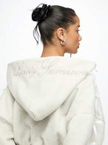 SUMWON WOMEN Luxury Cropped Zip-Up Hoodie With Elegant Bow Details On Sleeves, Streetwear Fashion Statement Piece, Perfect For Dance, Athleisure And Casual Wear