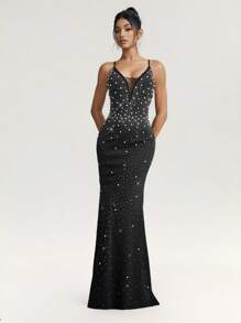 SHEIN Belle Vestido largo elegante de mujer con tirantes de espagueti adornados con strass y perlas falsas, vestido de invitada de boda, vestido de fiesta, vestido de noche, vestido de gala, color negro - Negro - Ver 5