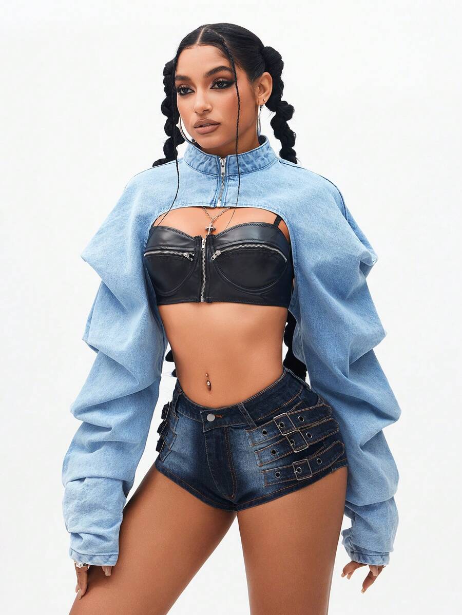 Jeanoix 性感嘻哈派对女式牛仔夹克 - 藍色 - 查看 1