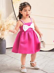 SHEIN Đầm hai dây ren viền bèo nhún phối nơ nhiều màu thanh lịch cho bé gái - Màu Hồng Tươi - Xem 1
