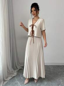 Modelyn Women Elegant Woven Colorblock Short Sleeve Tie Front 2 Pieces Set - Apricot - View 3