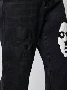 ROMWE MEN Street Life Men's Grunge Punk Casual Face Graphic Print Straight Leg Jeans - Black - View 6