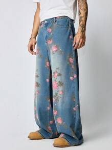ROMWE MEN Street Life Quần Jeans Ống Rộng Túi Họa Tiết Hoa Thường Ngày Cho Nam - Màu xanh lam - Xem 5
