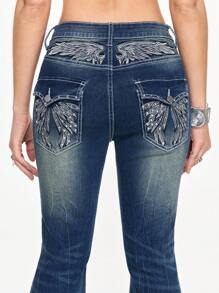 ROMWE Grunge Punk Jeans acampanados de tiro bajo y recortados con diseño de bolsillo bordado con cruz y alas, estilo vintage Y2K para mujeres