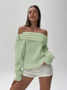 Aloruh Women's Autumn/Winter New Off Shoulder Design Long Sleeve Sweater - Mint Green - View 1