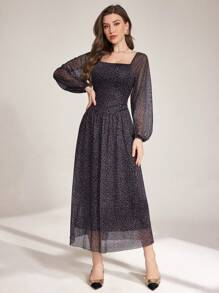 Modelyn Robe moulante à col carré, manches lanternes, doublure imprimé léopard pour femmes - Multicolore - Voir 4