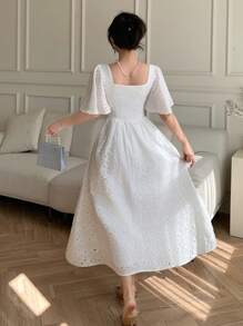 DAZY 女士方领荷叶边袖褶饰中长连衣裙