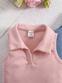 SHEIN 女婴休闲百搭纯色针织短款无袖高领上衣 - 粉色 - 查看 5
