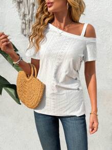 EMERY ROSE Women's Solid Color Off Shoulder Short Sleeve Simple Button Casual T-Shirt - White - View 6
