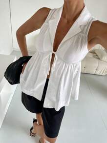 SHEIN Essnce 女士纯色系带前无袖褶皱休闲衬衫 - 白色 - 查看 1