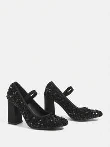 CUCCOO TILAWA Black Rhinestone Thick Heel Dress Pumps, Elegant Casual Party Wedding Date Shoes Spring Shoes Spring Break Easter Prom Heels - Black - View 4