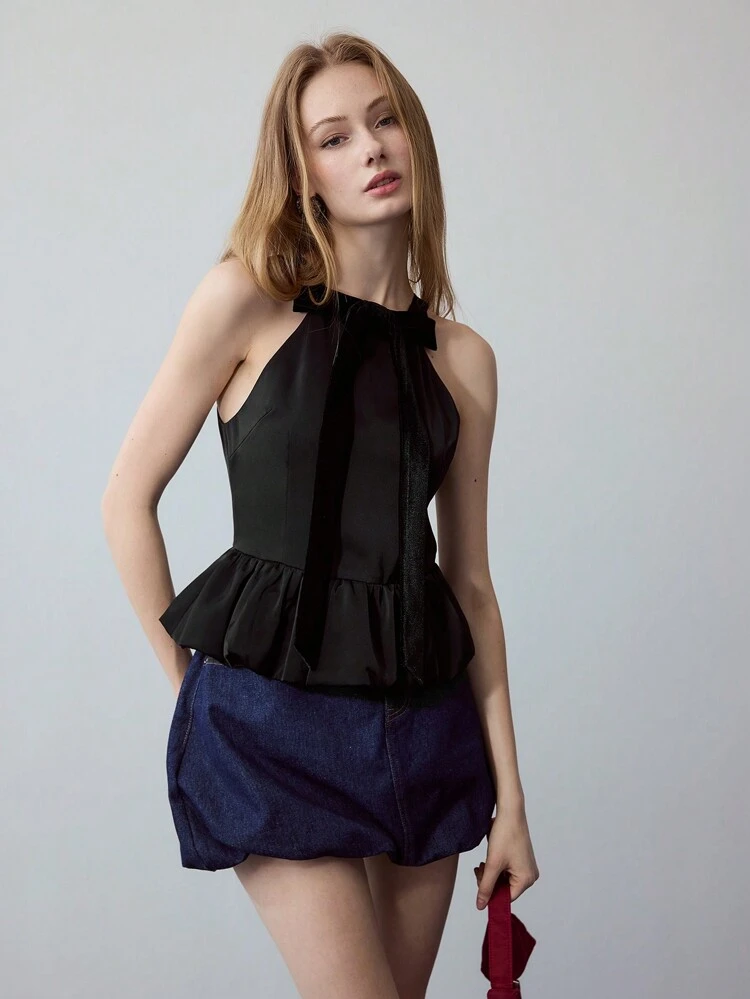MOTF STUDIO VELVET BOW DECOR PUFFBALL HEM TANK TOP, VALENTINE'S DAY
