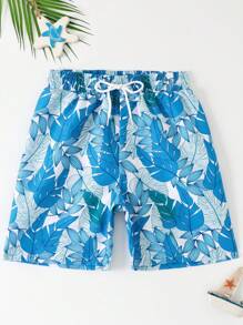 SHEIN Tween Boy Casual Beach Shorts, Random Printed Design, Featuring Comfortable Fit For Water Activities. Relaxed Cut Allows Easy Movement. Unique Holiday-Themed Leaf Graphic Adds Fun Appeal. Available In Vibrant Blue Color To Enliven Beach Trips. Pairs Well With Long-Sleeve Swimwear For Comprehensive Skin Protection. 2025 New Collection Beach Shorts - Multicolor - View 1