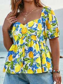 SHEIN VCAY Blusa con estampado de limón, escote en forma de corazón y mangas de farol para mujer talla grande, estilo bohemio, ideal para vacaciones de verano y primavera en la playa