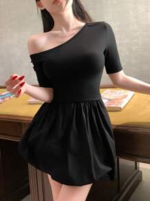 DAZY Asymmetrical Shoulder Solid Color Ruched A-Line Mini Dress For Women,Casual Women Dresses