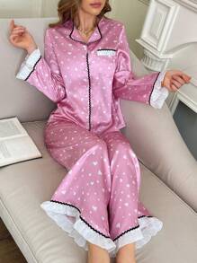 浪漫优雅心形图案撞色蕾丝花边女式睡衣套装 - 粉色 - 查看 3