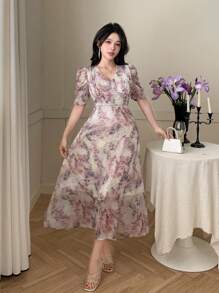 DAZY 女士 V 领短袖花卉印花休闲优雅连衣裙 - 淡紫色 - 查看 2