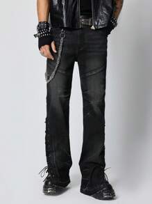 ROMWE MEN Anime Jeans casuales de pierna recta con múltiples bolsillos para hombres